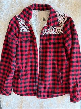 Spool 72 Red & Black Plaid Sherpa-Lined Jean Jacket with Lace Yoke
